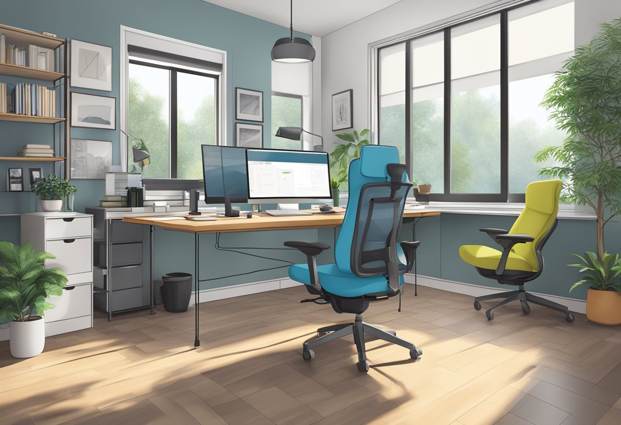 A modern home office with adjustable ergonomic desks and chairs, promoting better posture and comfort for long hours of work