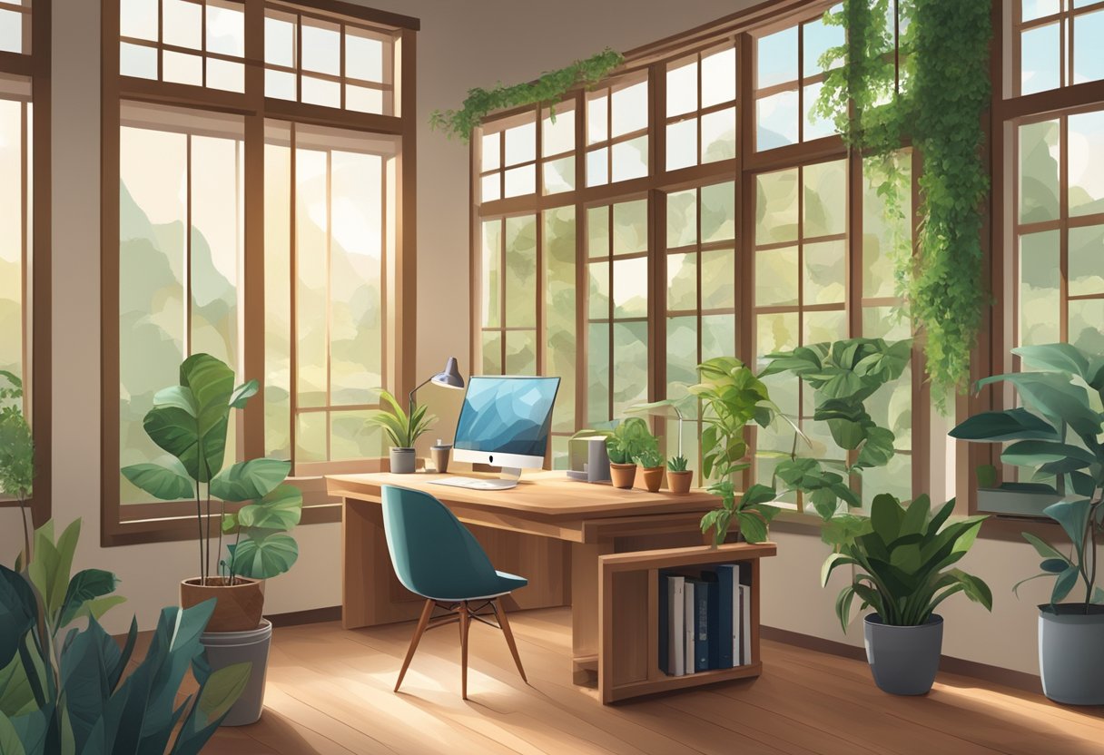 A home office with large windows, potted plants, and natural light. A desk made of wood, surrounded by greenery and a view of the outdoors