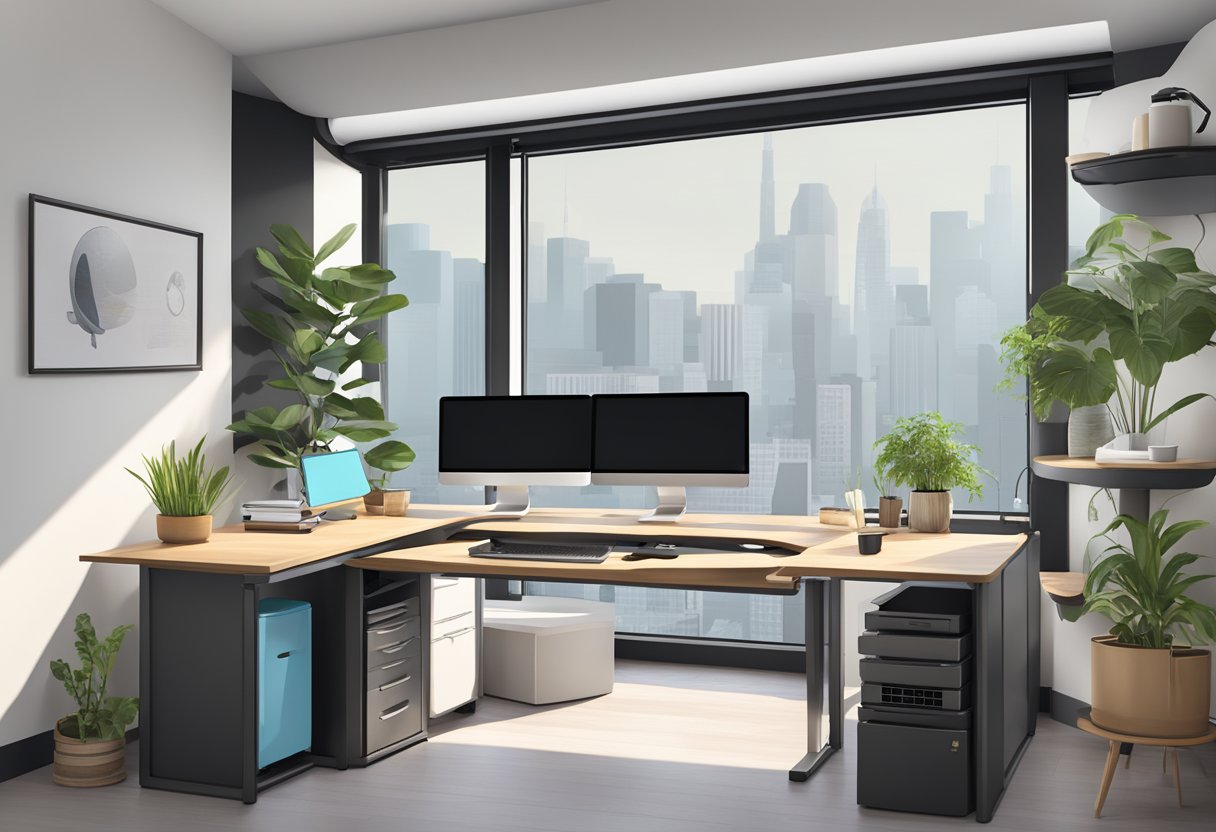 A sleek, modern desk with adjustable keyboard trays and monitor stands, creating a comfortable and ergonomic workspace for a home office