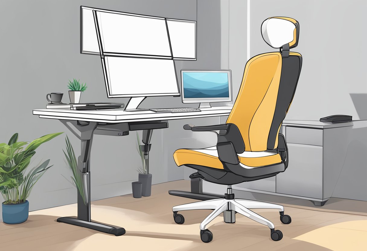 A desk chair with lumbar support, an adjustable standing desk, and a wrist support for the keyboard and mouse