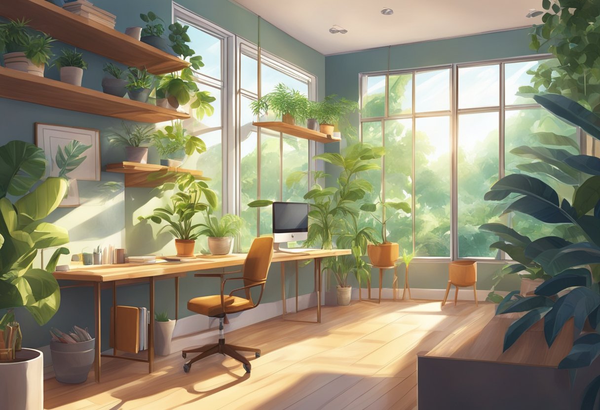 A room with large windows, plants on shelves, and a desk facing the outdoors. Sunlight streams in, illuminating the space
