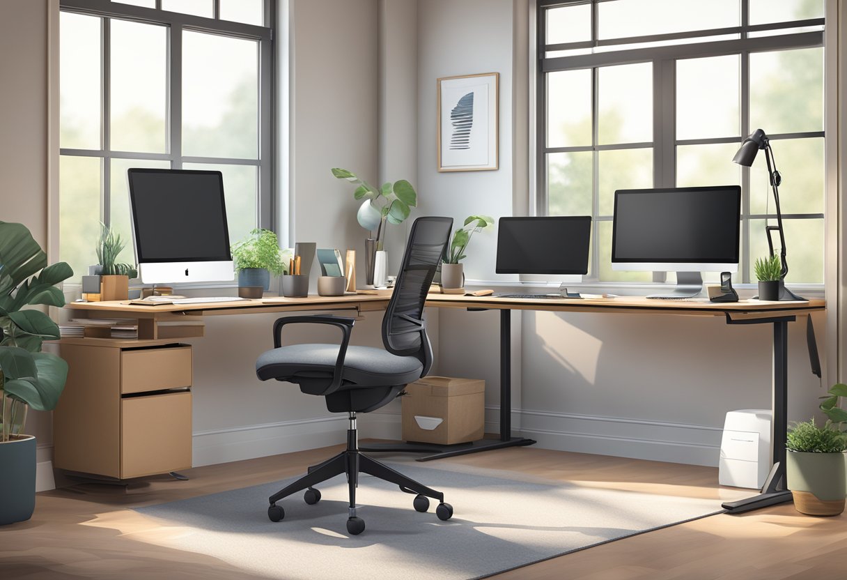 A well-lit home office with natural light, ergonomic desk and chair, adjustable monitor stand, and proper keyboard and mouse placement for optimal comfort and productivity