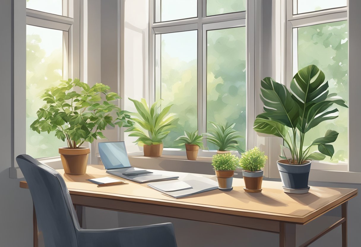 A desk with a potted plant, surrounded by natural light and greenery. A window with a view of trees and flowers