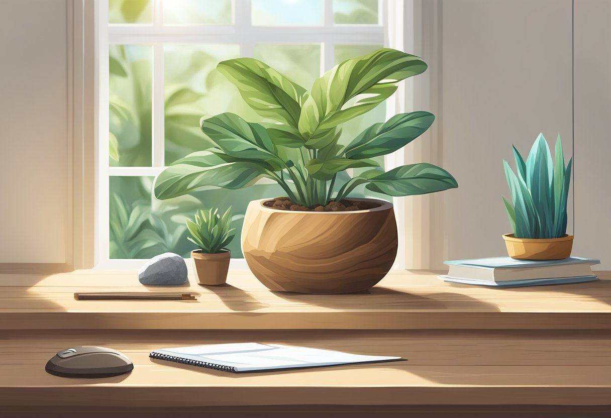 A wooden desk with a potted plant, a large window letting in sunlight, and a rock or driftwood paperweight