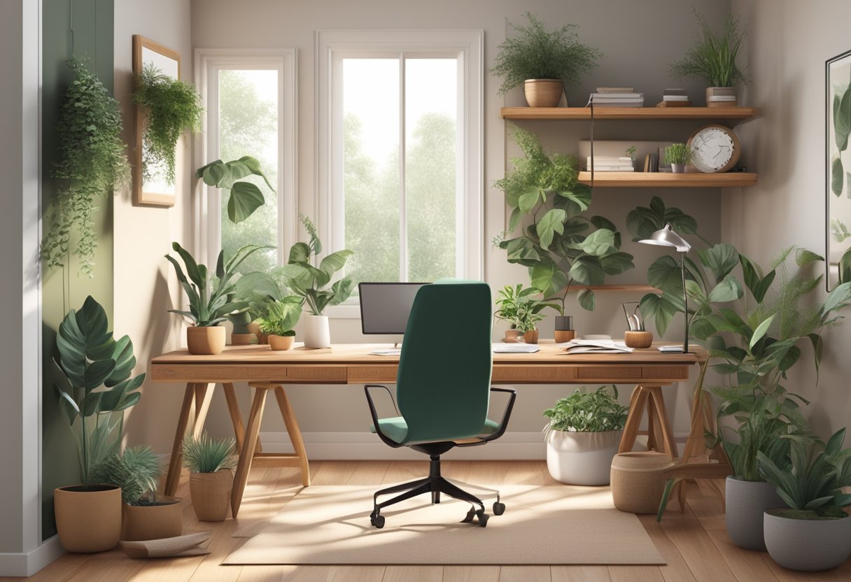 A home office with earthy tones, plants, and natural light. A desk with wooden accents, surrounded by greenery and natural textures