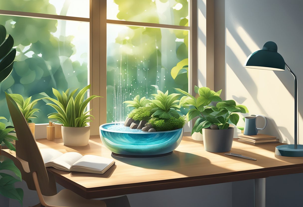 A tranquil indoor fountain sits on a desk, surrounded by lush green plants. Sunlight streams in through the window, creating a peaceful and natural atmosphere in the home office