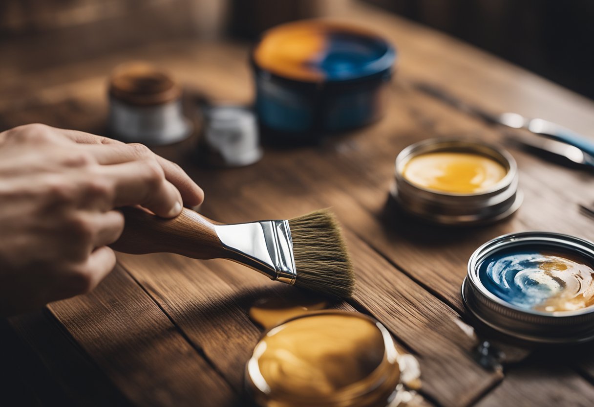A hand holding a paintbrush applying varnish to a wooden surface, with different finish options displayed nearby