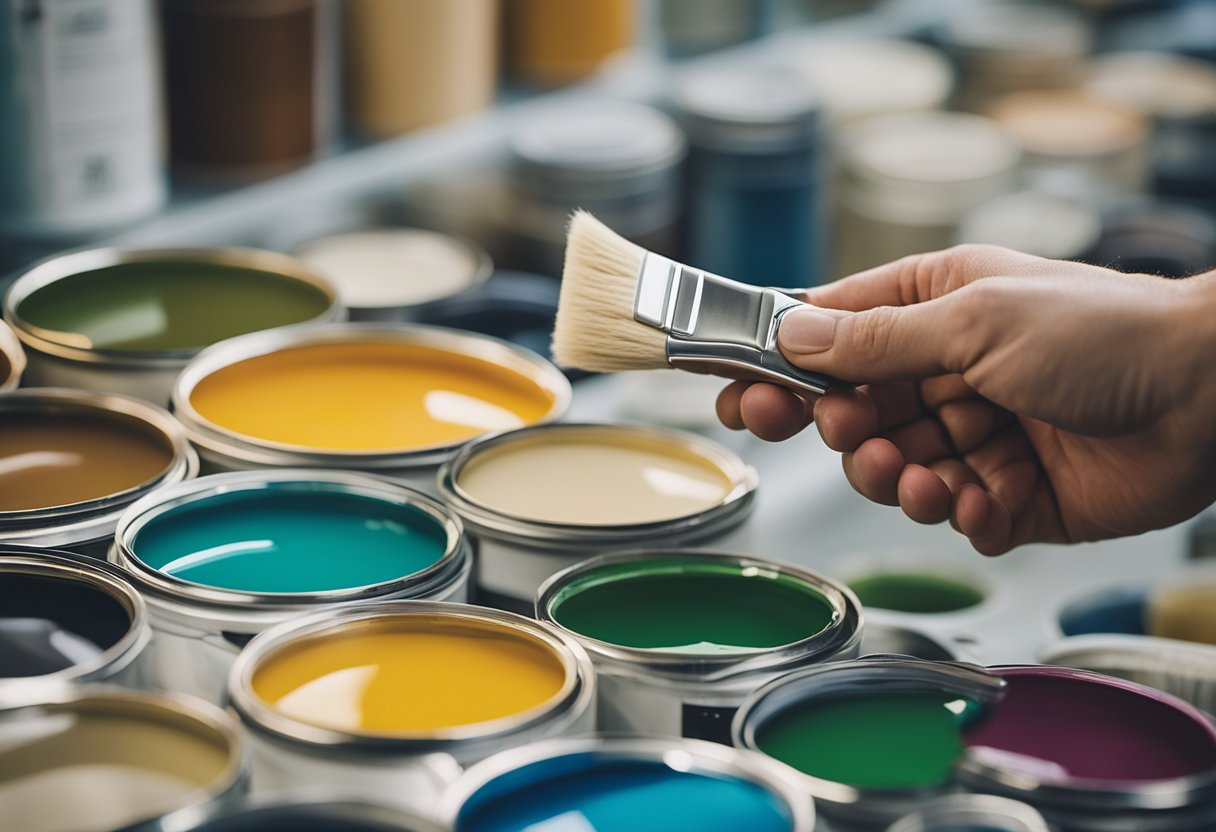 A painter choosing from eco-friendly paint options, with low-VOC labels and natural color swatches