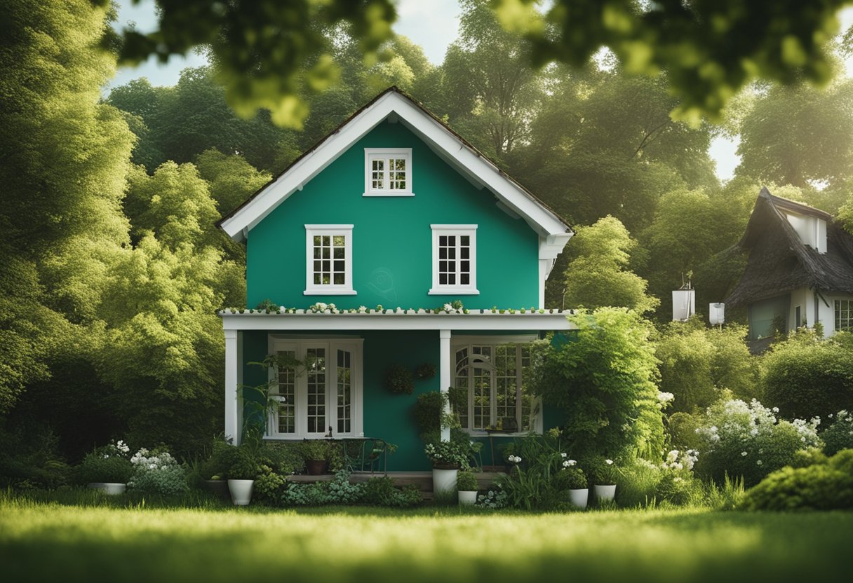 A serene nature scene with a house being painted using low-VOC paints. Birds are flying in the clear sky, and lush greenery surrounds the house