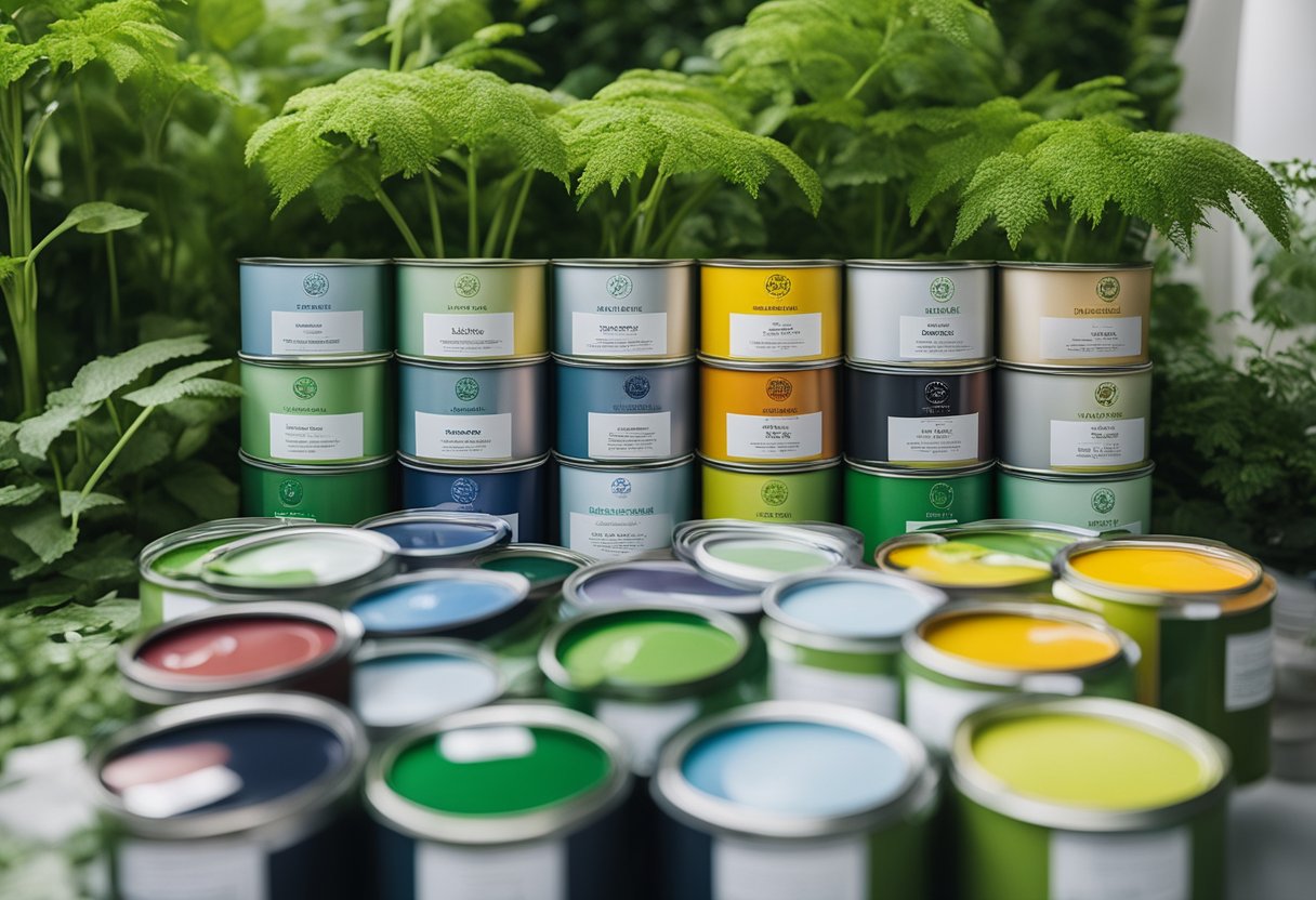 A variety of eco-friendly paint cans with low-VOC labels, surrounded by green plants and natural lighting