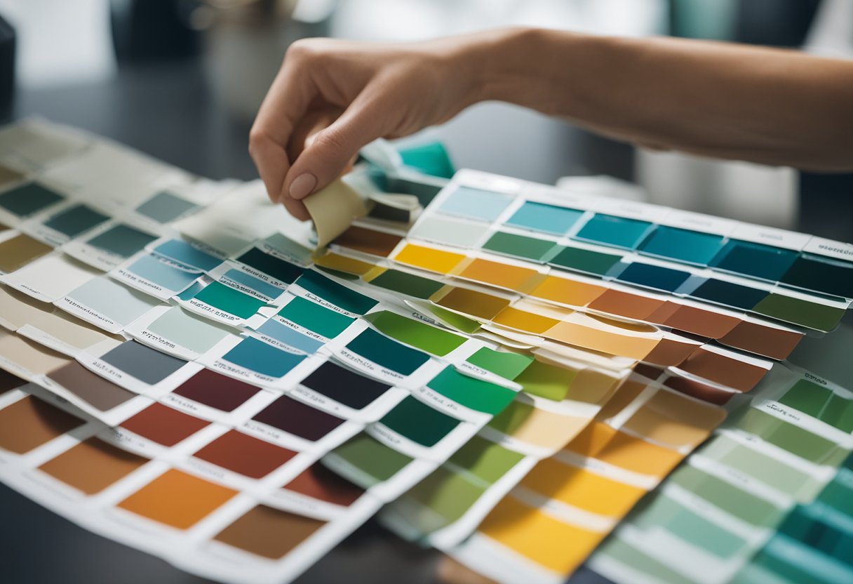 A person comparing eco-friendly paint swatches with low-VOC options