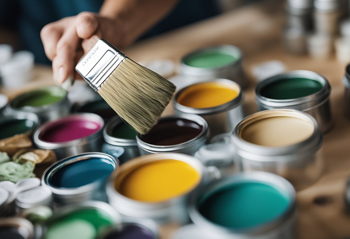 An artist carefully selects eco-friendly paint options, showcasing low-VOC labels and natural ingredients. A paintbrush hovers over the palette, ready to create sustainable masterpieces