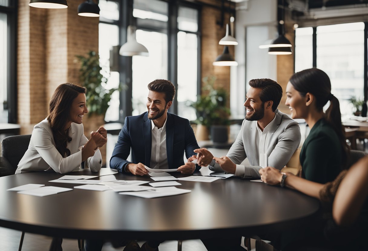 A group of people are gathered around a table, exchanging business cards and discussing referral strategies. Charts and graphs are displayed on the wall, showcasing successful referral programs