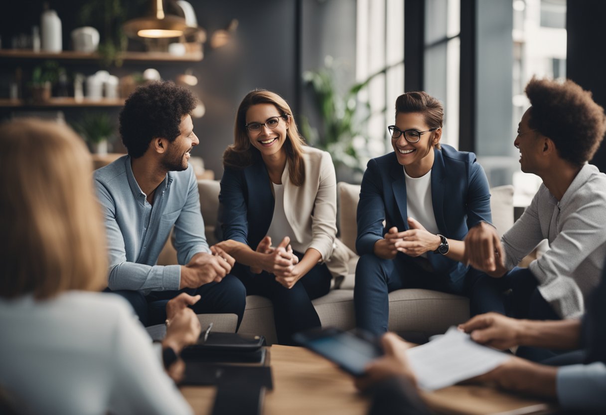 A group of people discussing and comparing different referral program terms, while pointing out the best ones to make money