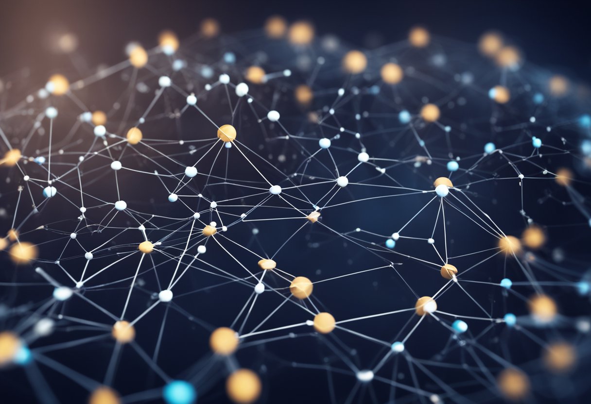 A network of interconnected arrows and paths, with data points and graphs showing referral performance and optimization