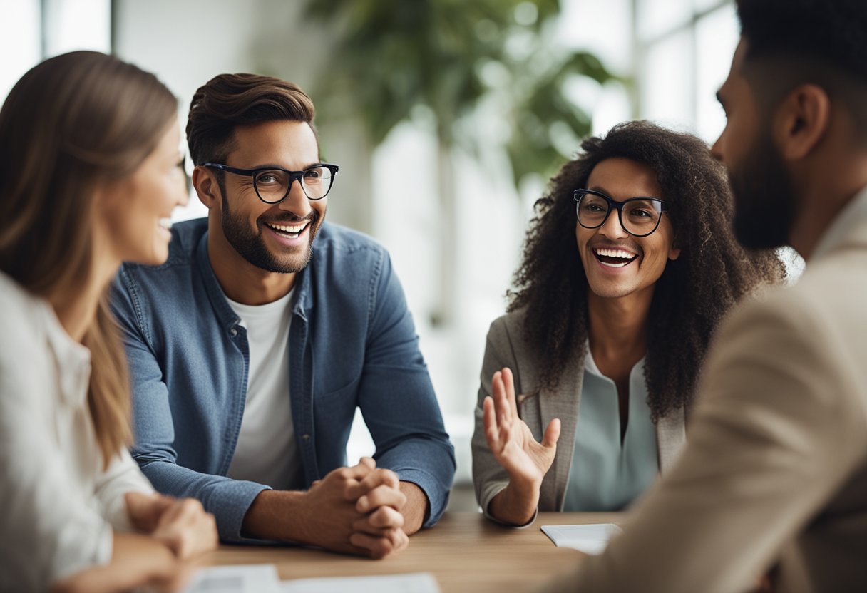 A group of people eagerly discussing and sharing information about the best referral programs to make money, with visible excitement and engagement