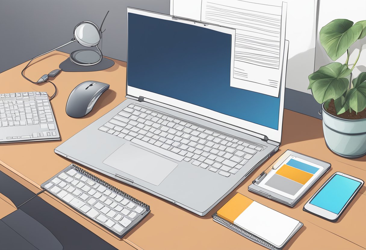 A laptop open on a desk with a blank PowerPoint slide displayed, a mouse and keyboard next to it, and a notepad with bullet points