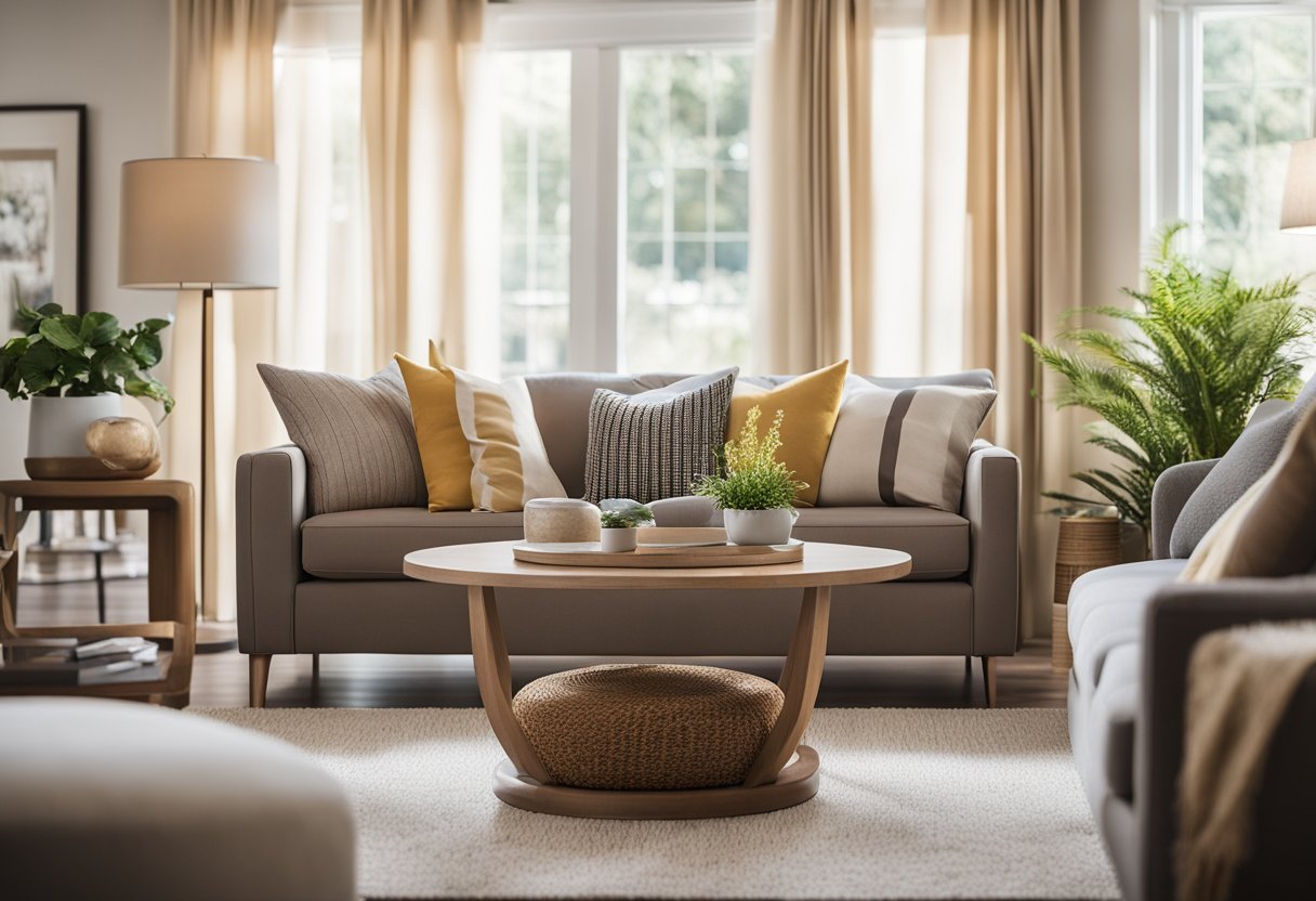 A cozy living room with warm, earthy tones. A neutral-colored sofa and curtains, accented by pops of color in the form of throw pillows and artwork