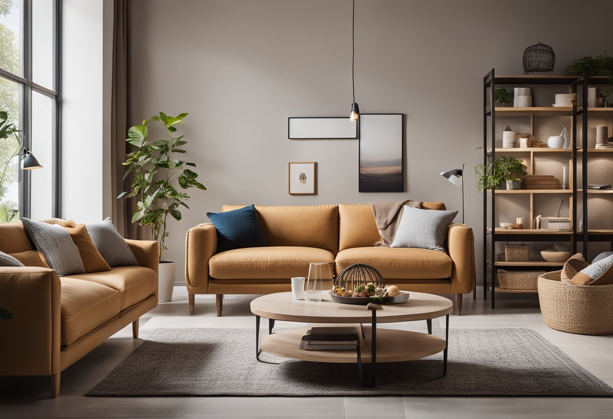 A living room with warm, earthy tones and cozy furniture. A kitchen with bright, airy colors and modern appliances. A bedroom with calming, neutral hues and soft bedding