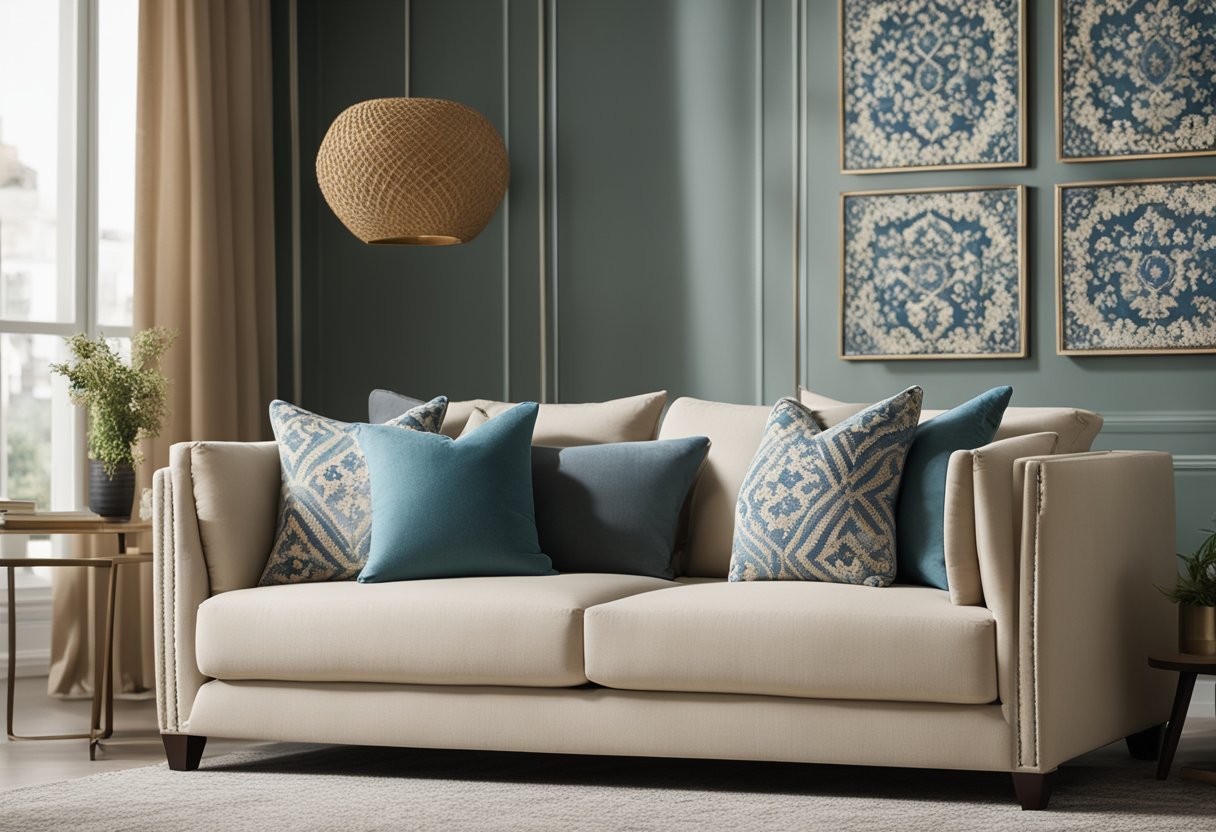 A living room with a neutral-colored sofa, accented with throw pillows in complementary colors. A rug with a pattern that ties in the color scheme. Curtains in a coordinating shade