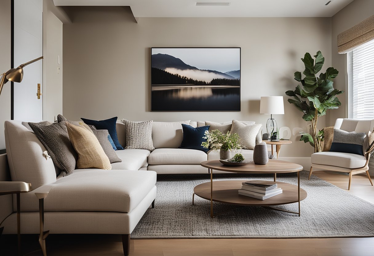 A living room with a neutral color scheme, accented by vibrant throw pillows and artwork in complementary shades