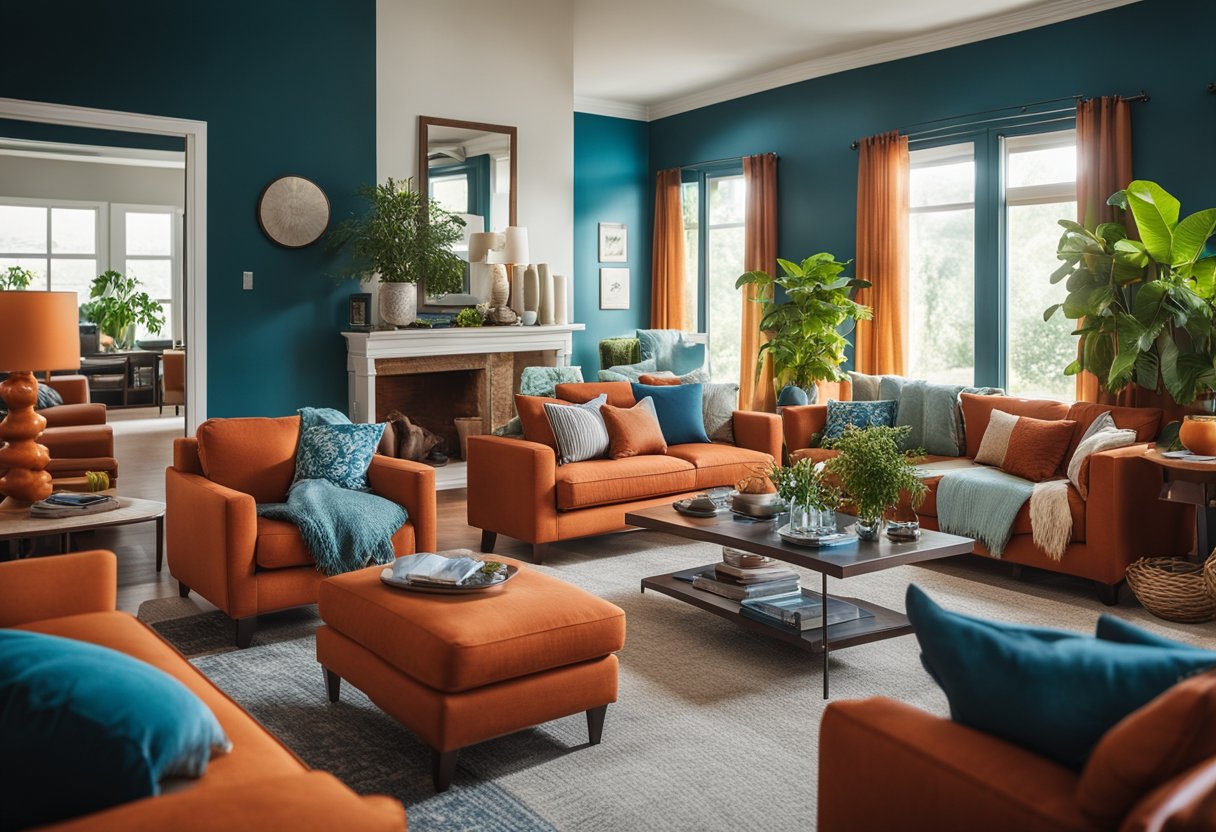 A living room with warm, inviting hues of red and orange, complemented by cool blues and greens in the furniture and decor