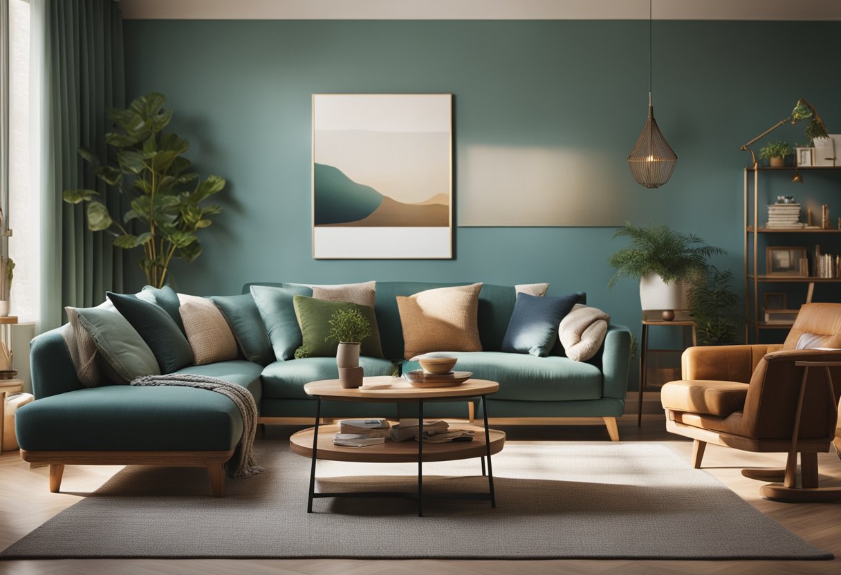 A cozy living room with warm, earthy tones evoking feelings of comfort and relaxation. Cool blues and greens in the bedroom create a calming and peaceful atmosphere