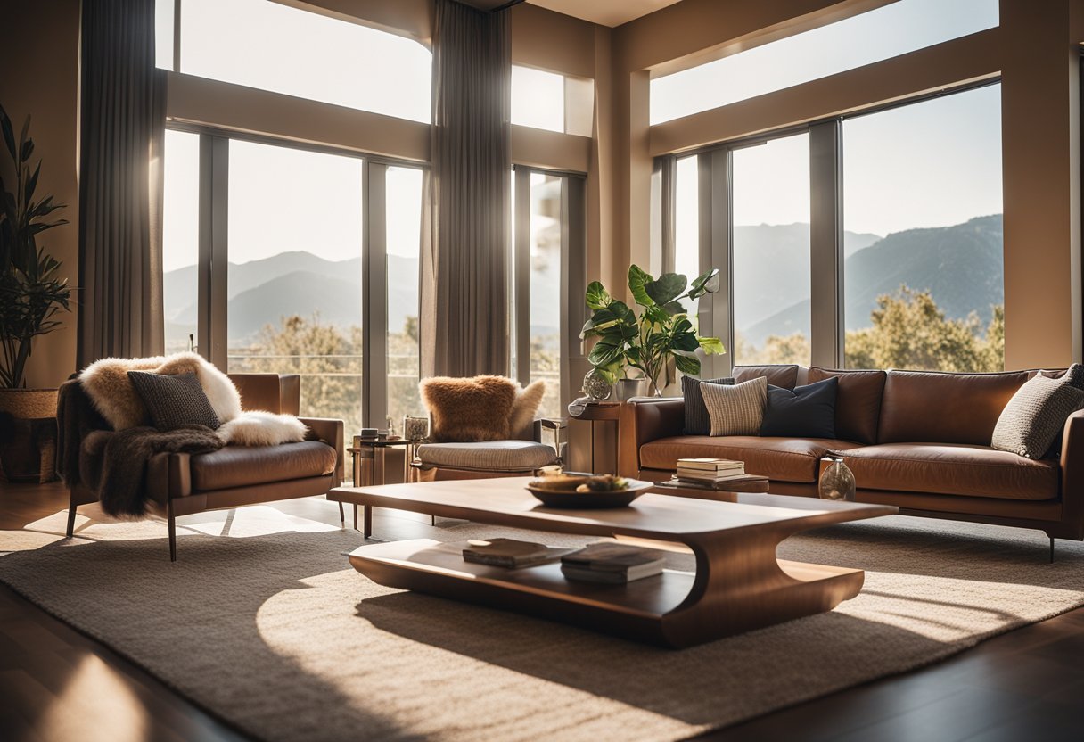 A living room with warm, earthy tones and ample natural light, creating a sense of spaciousness and tranquility