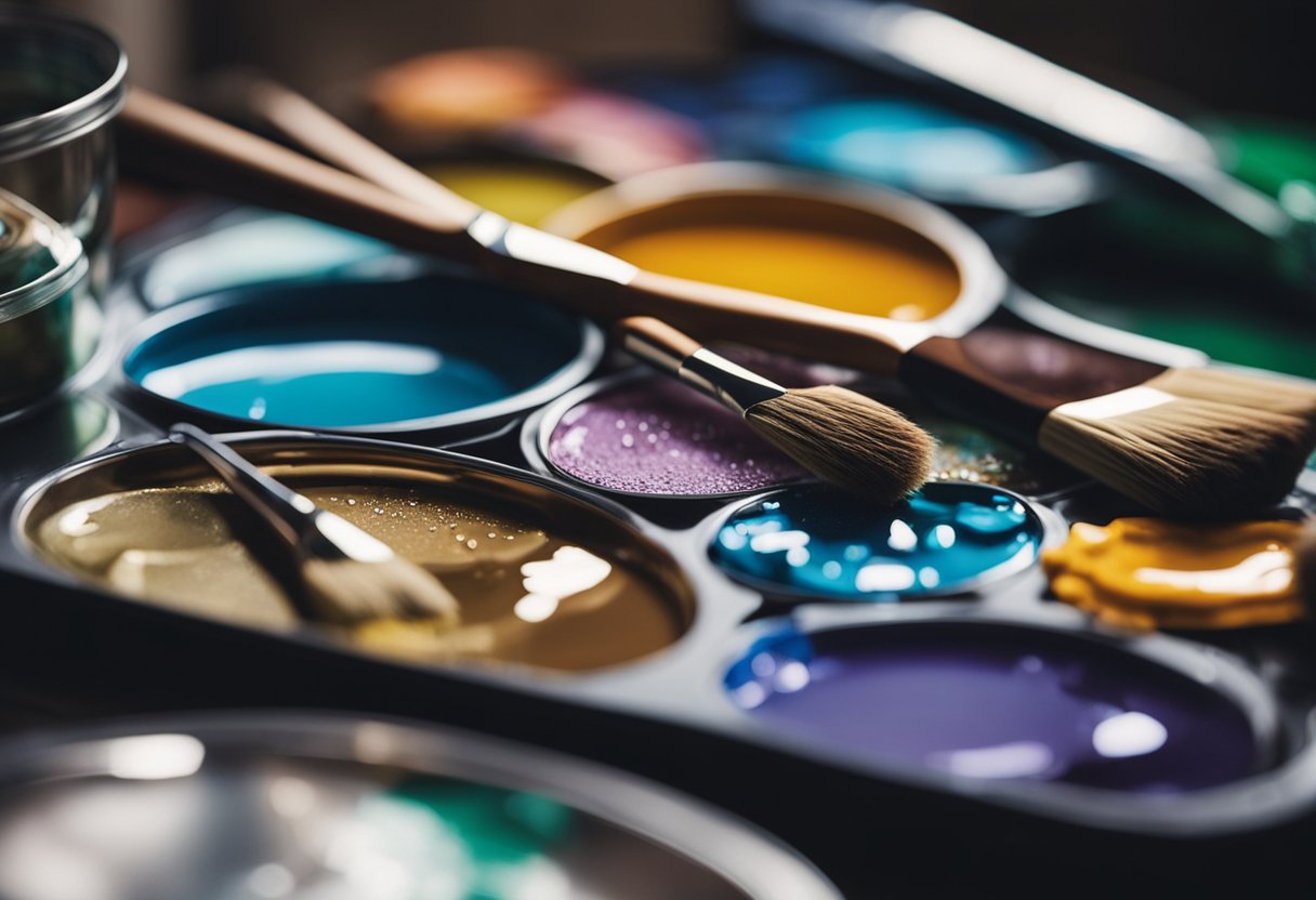 A palette with various paint colors, paintbrushes of different sizes, a canvas, and a jar of water for cleaning brushes