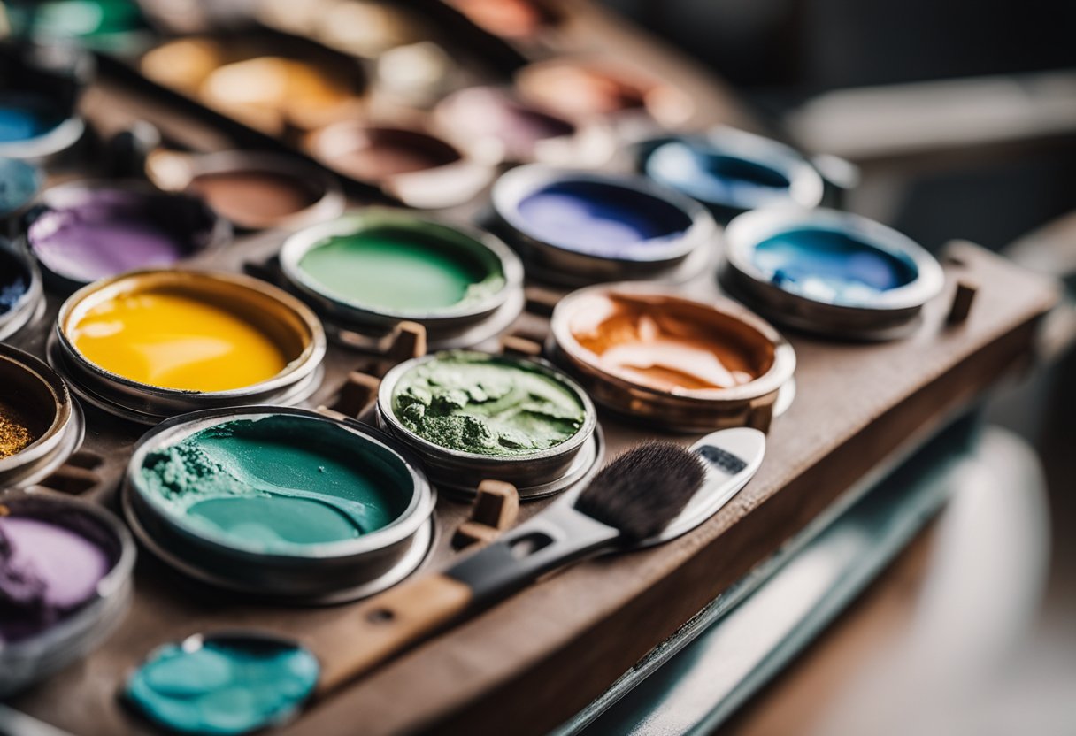 A palette with various paints and pigments, brushes of different sizes, and a canvas on an easel