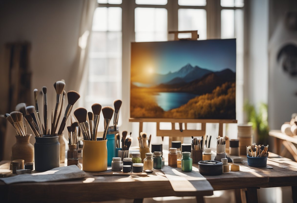 A table with various painting surfaces: canvas, paper, wood. Brushes, palette, and paint tubes laid out. Light from a window illuminates the scene