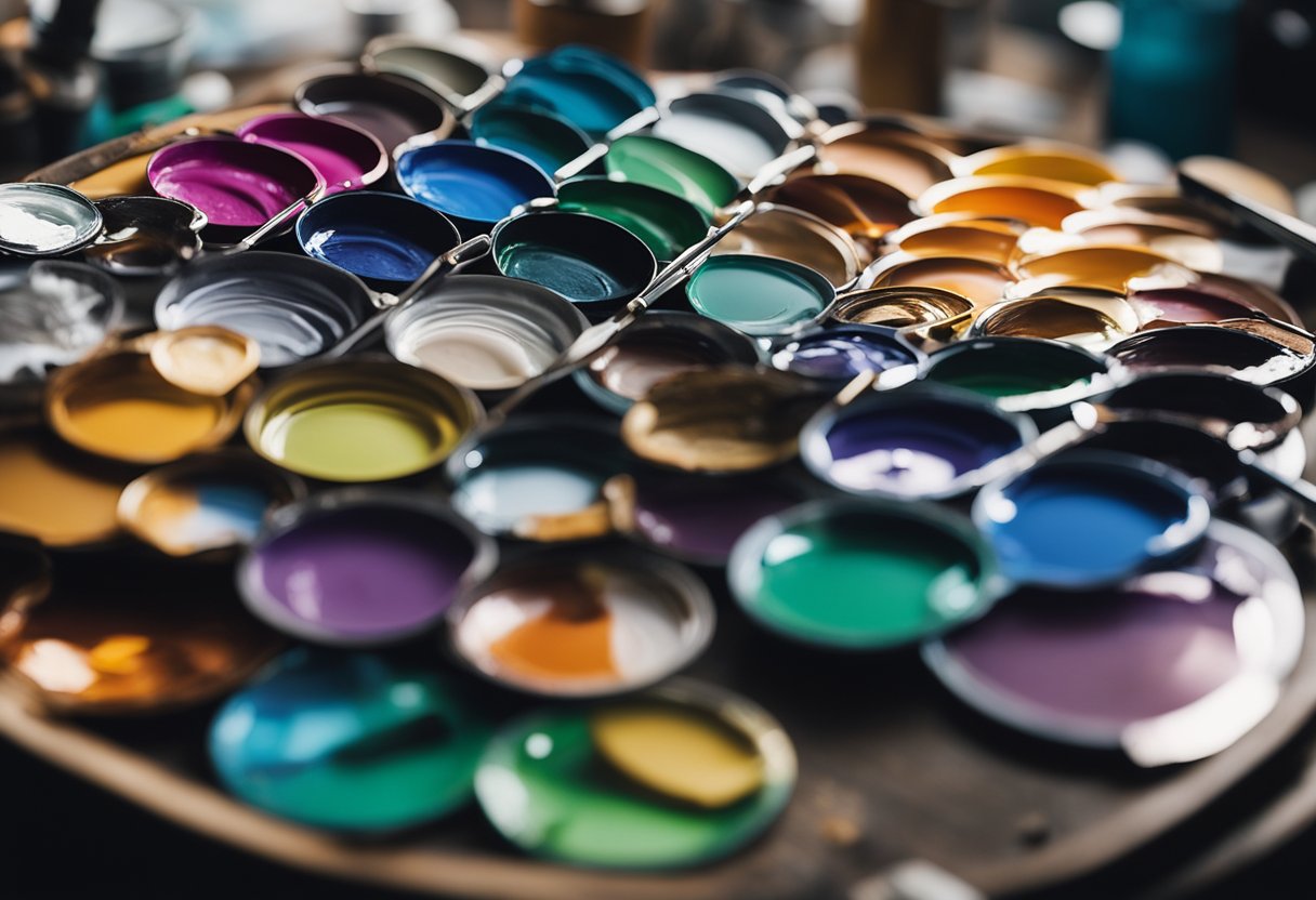 A palette with various paint colors and mixing tools arranged on a table, ready for use by an artist