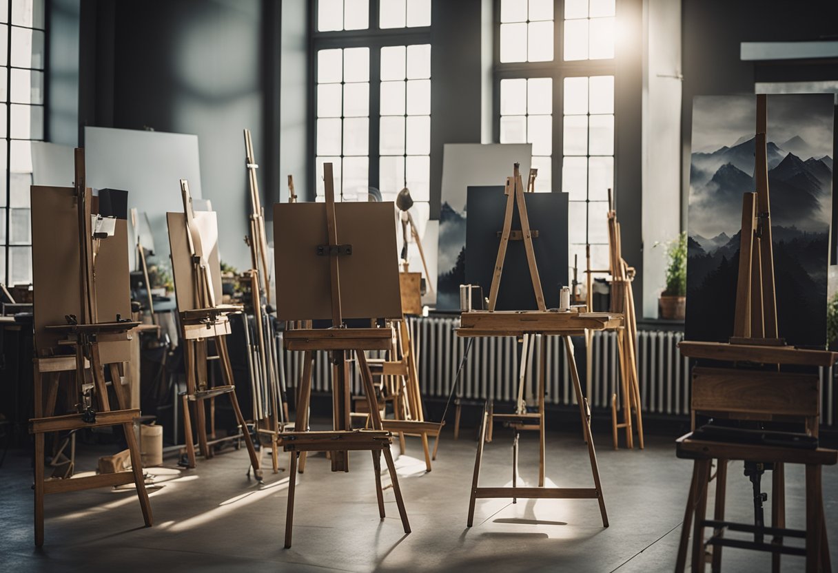 Several easels set up with various supports for canvases. Brushes and palettes nearby. An artist's studio filled with natural light