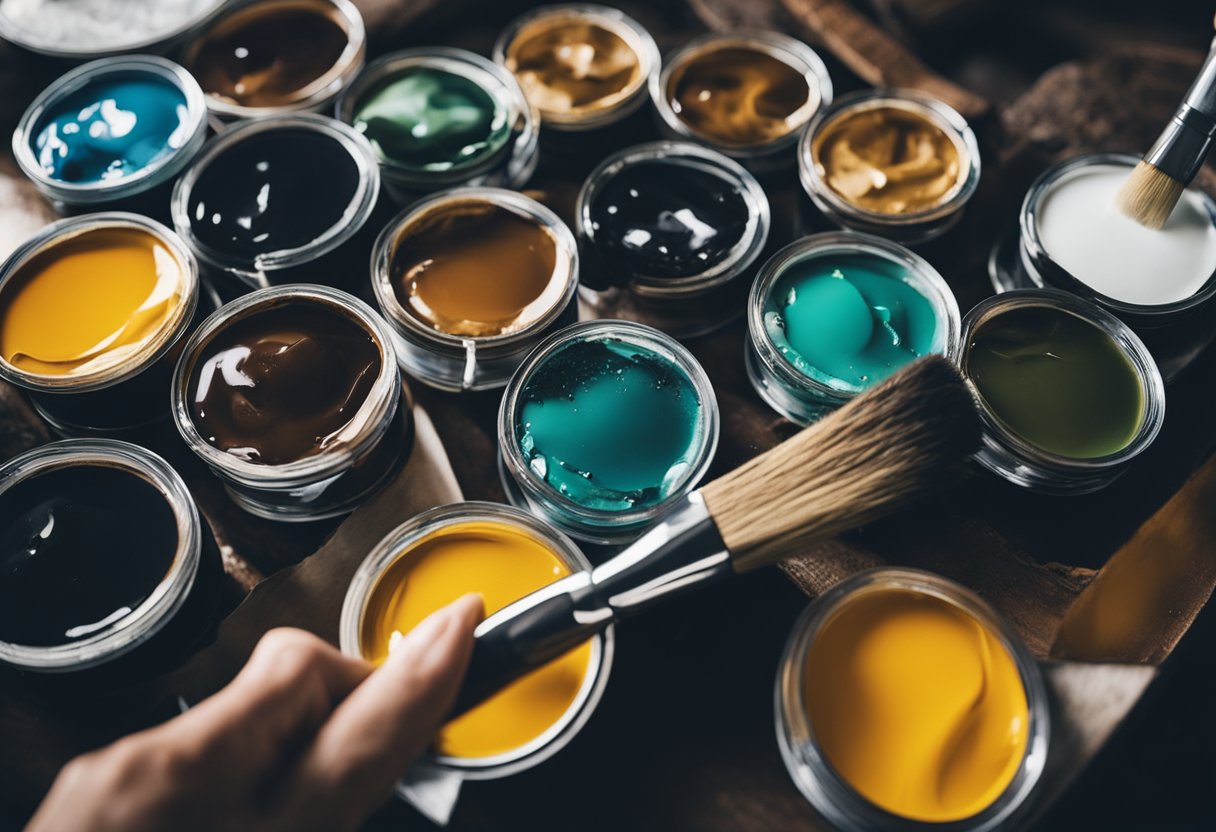 A table with various painting mediums and solvents, brushes, and palettes. A hand holding a brush mixing a medium