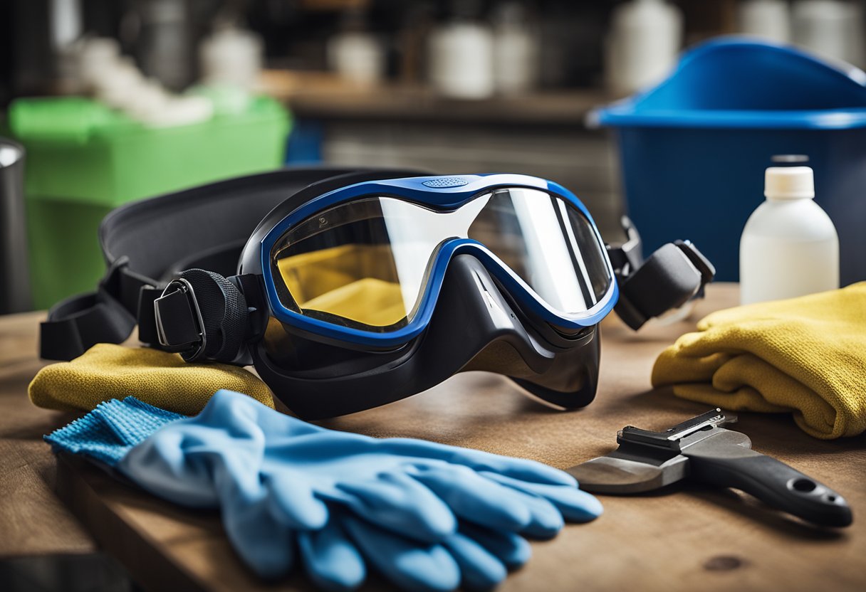 Protective equipment includes goggles, gloves, and apron. Cleaning tools consist of brushes, rags, and solvent. Use gloves when handling solvent