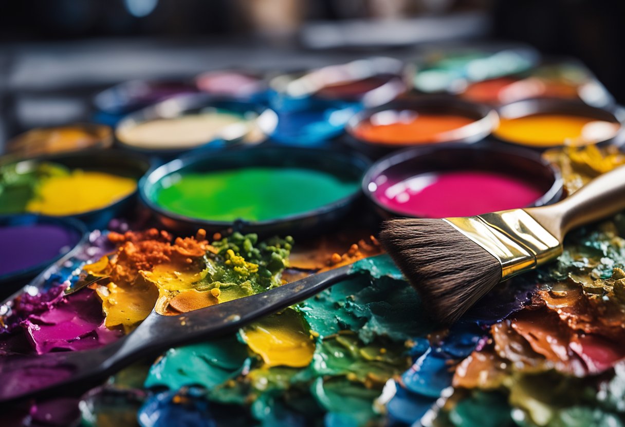 A paintbrush dips into a palette of vibrant colors, while a canvas sits ready to receive the artist's strokes. A palette knife and various brushes are neatly arranged nearby, awaiting their turn to bring the artist's vision to life