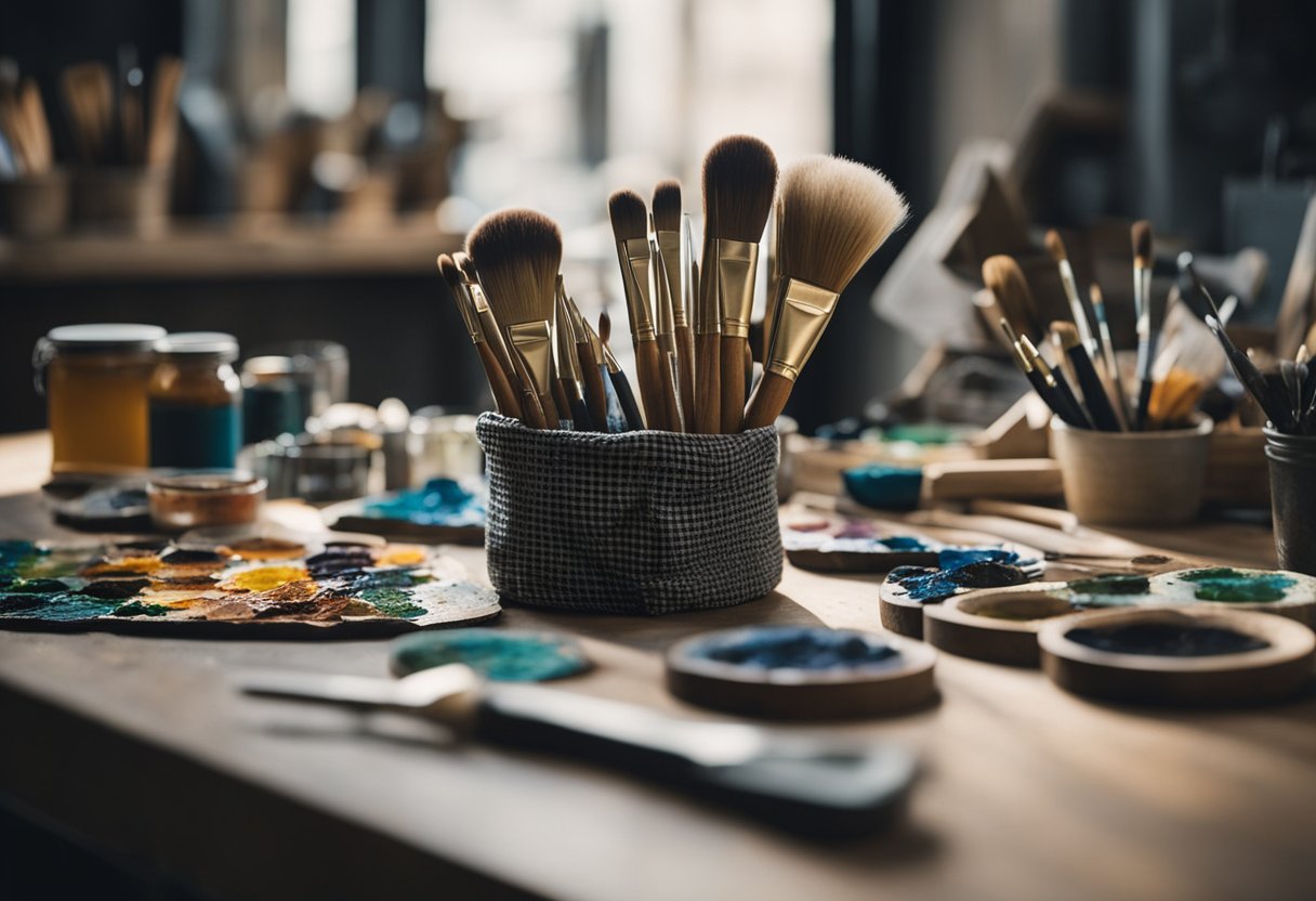 A table holds various painting tools: brushes, palettes, and easel. A hand grips a paintbrush, ready to create