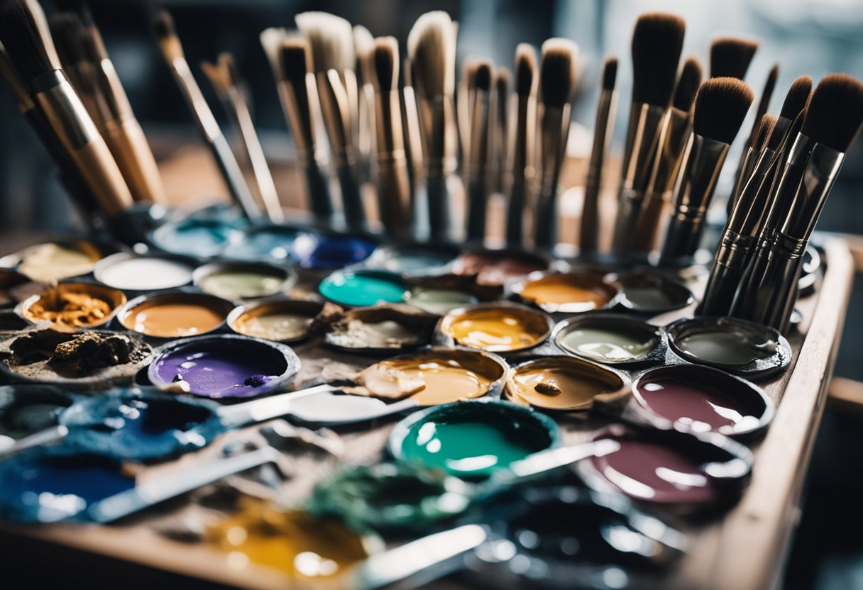 A palette with various paintbrushes, tubes of paint, and a canvas on an easel