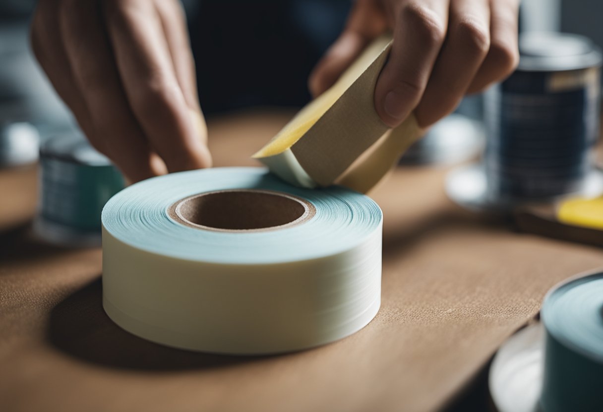 A hand holding a roll of masking tape, applying it to a surface. A paintbrush and can of paint nearby