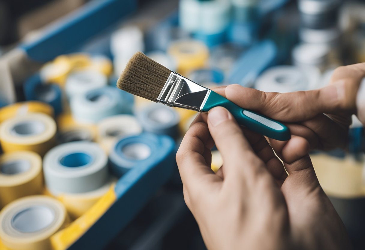 A hand holding a paintbrush carefully covers areas with masking tape to protect from paint