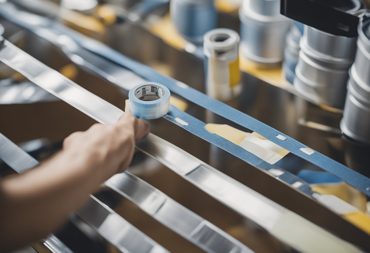 A painter carefully applies masking tape to protect areas from paint