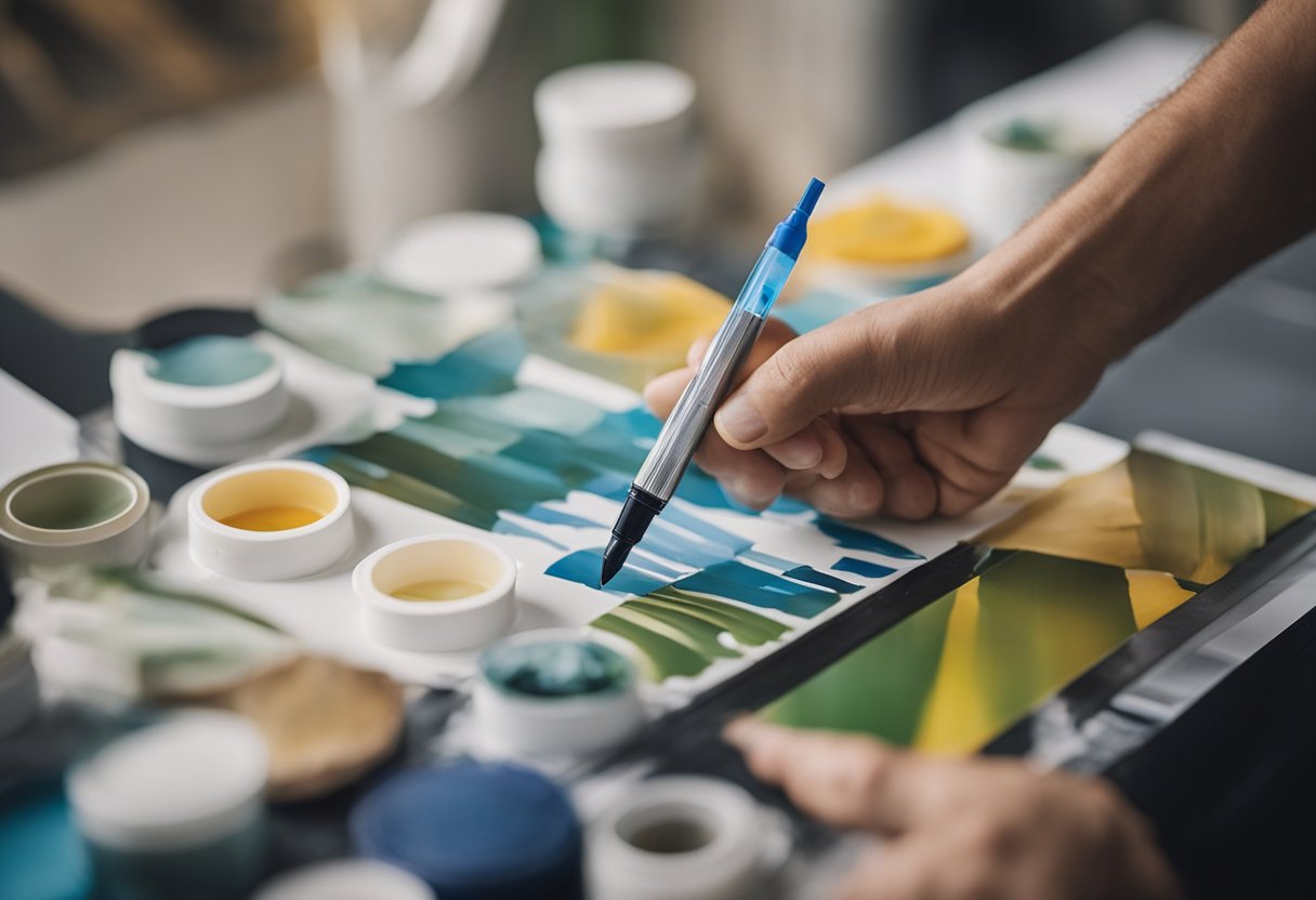 A hand holding a masking fluid pen, covering sections of a painting with precision. Other areas are protected with masking tape and liquid frisket