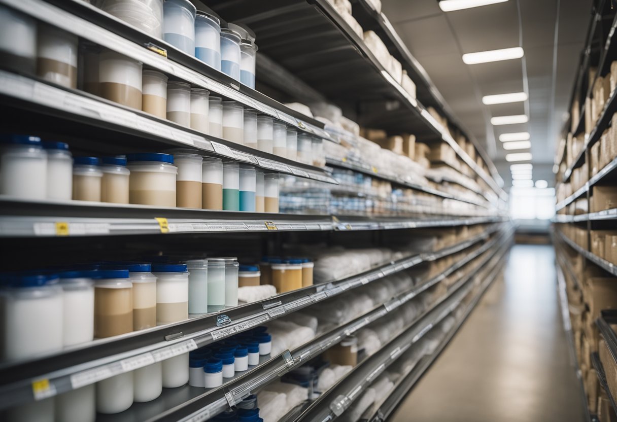 Masking materials neatly organized on shelves, with clear labels and protective coverings, ready for use in a well-lit and spacious storage area