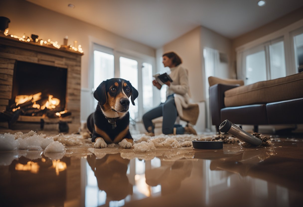 A cozy living room with a broken pipe flooding the floor, while a fire engulfs the kitchen. A panicked pet owner looks on as their belongings are damaged