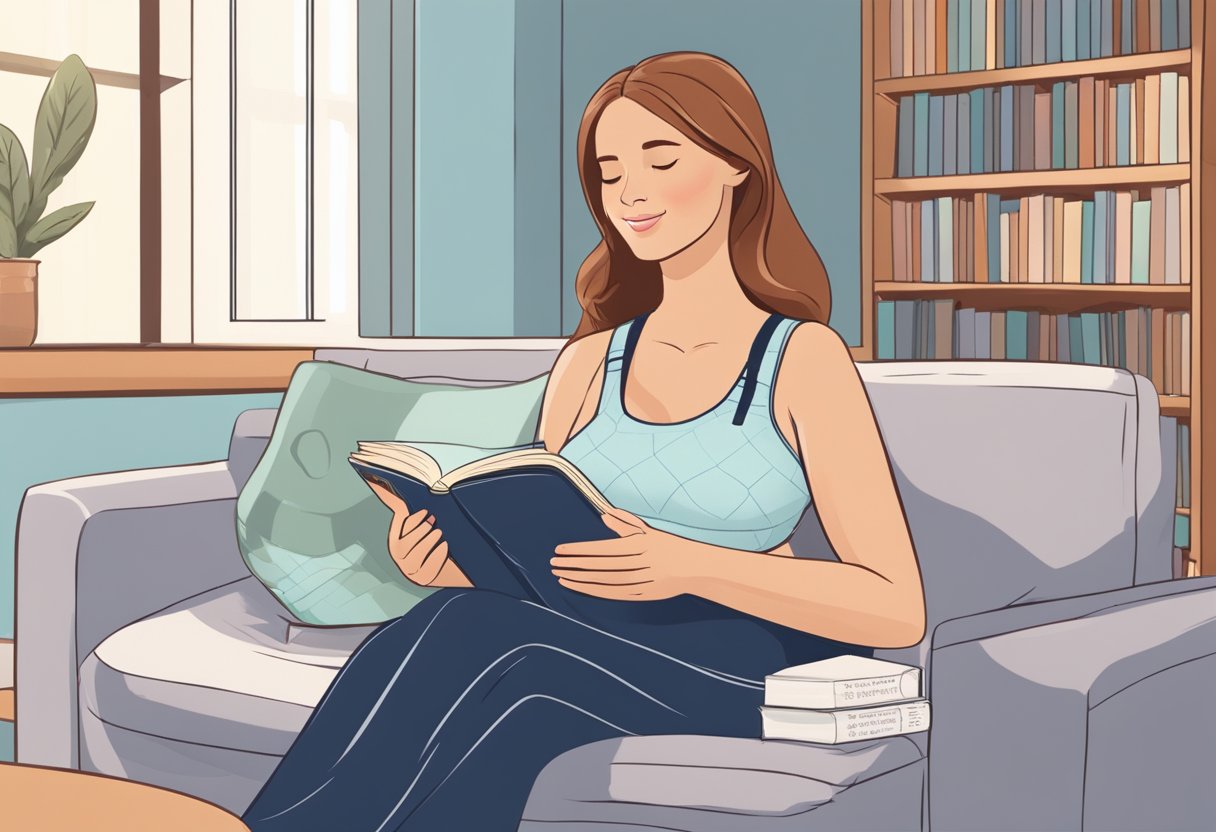 A mother sits comfortably with a nursing pillow, a glass of water, and a book nearby. She wears a supportive nursing bra and has a calm, relaxed expression