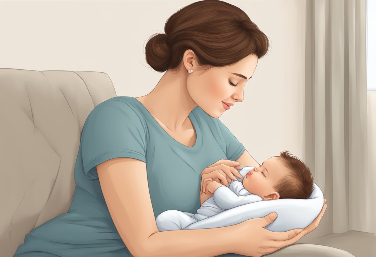 A mother comfortably breastfeeding her baby with proper positioning and latch, showing no signs of pain or discomfort