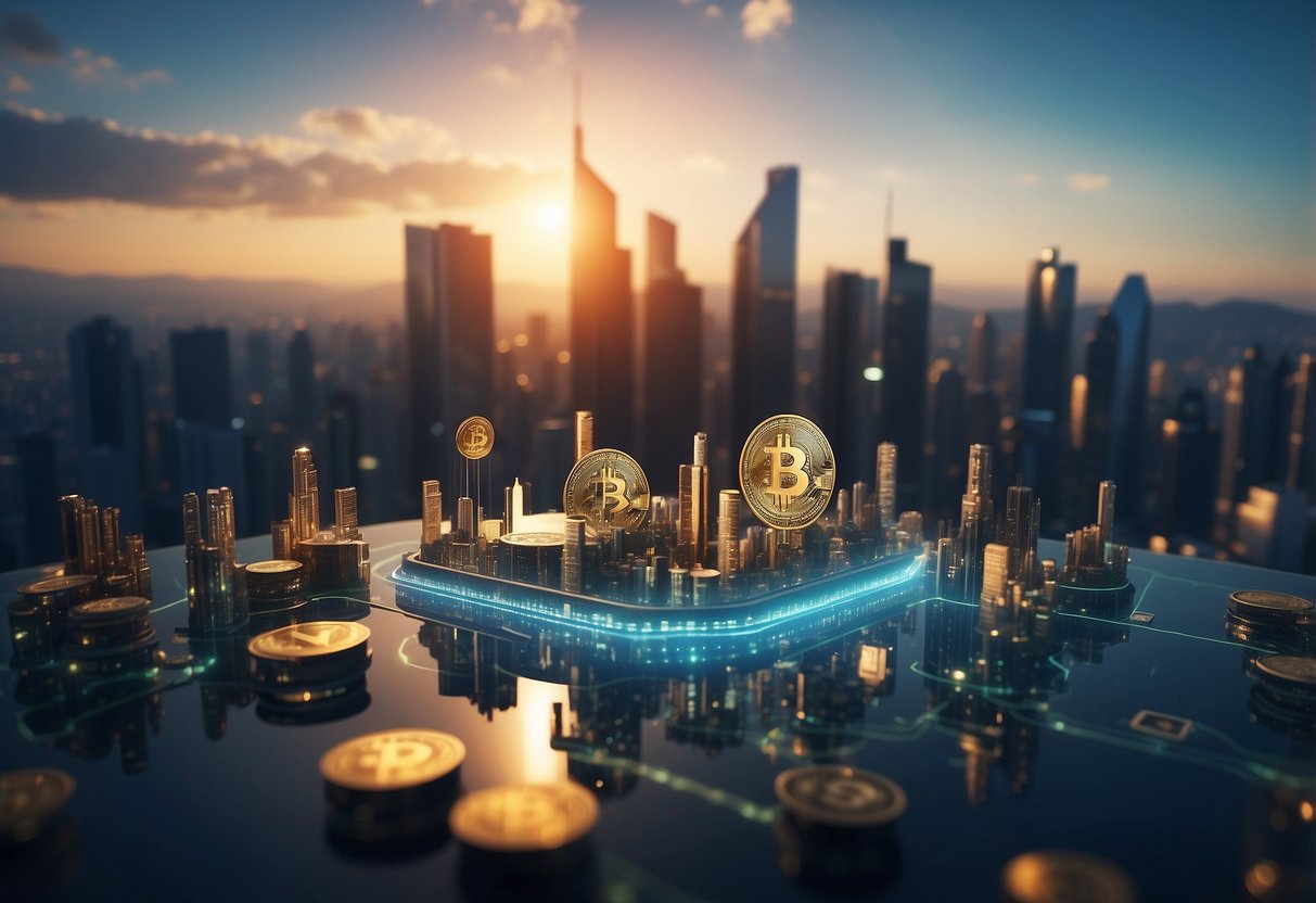 A futuristic city skyline with digital currency symbols floating above buildings, representing the cryptocurrency market in 2024