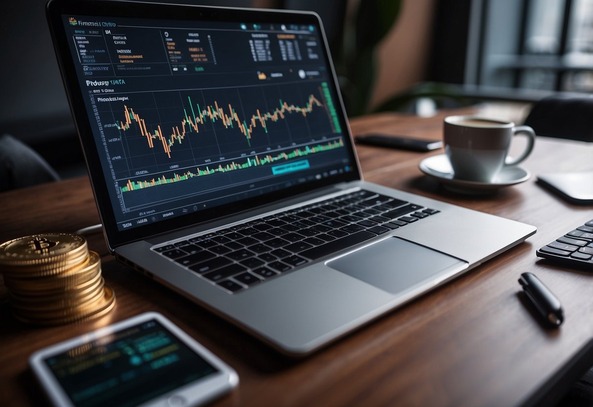 A table with a laptop, financial charts, and a list of criteria for choosing cryptocurrency investments