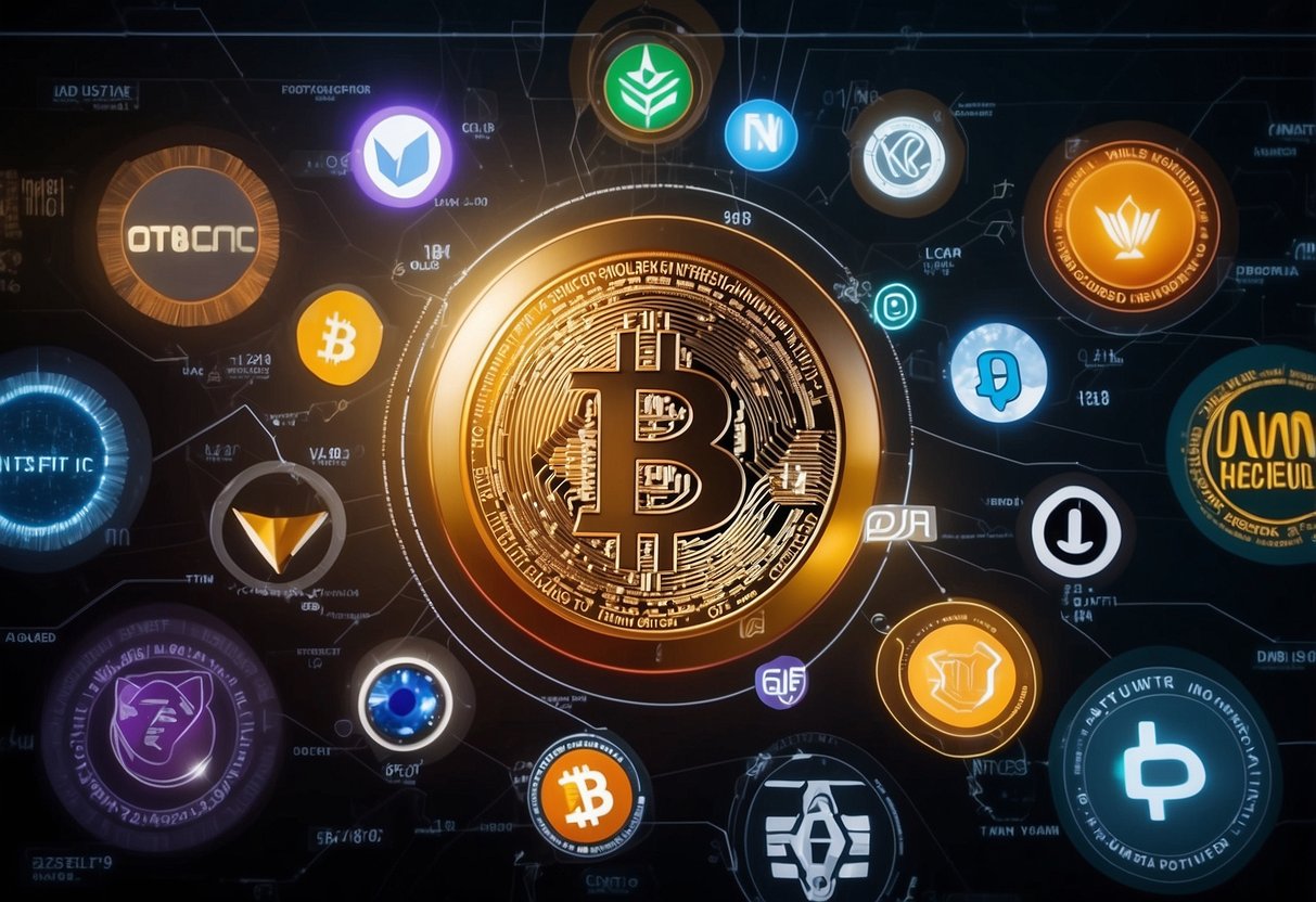 A computer screen displaying various cryptocurrency logos and NFT artwork, with a chart showing investment trends