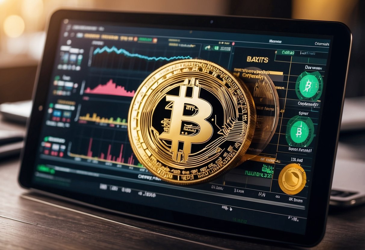 A table with various cryptocurrency logos and price charts, surrounded by financial charts and graphs